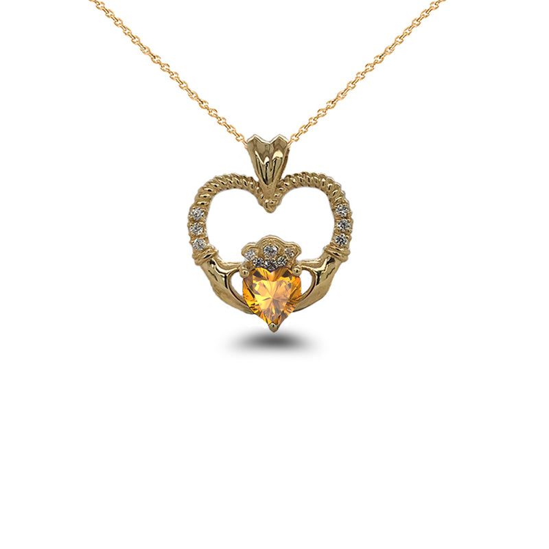 Claddagh Heart Diamond & Genuine Citrine Rope Pendant/Necklace in Solid Gold