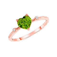 Hammered Heart Shape Peridot & Diamond Stackable Ring In Solid Gold