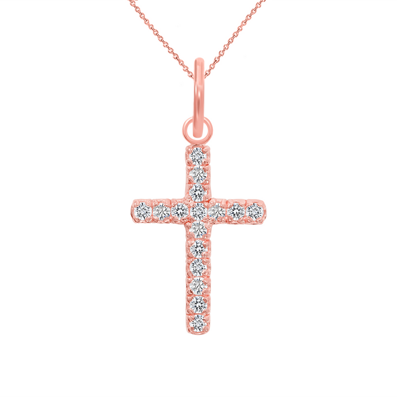Cubic Zirconia Small Cross Pendant/Necklace In Solid Gold