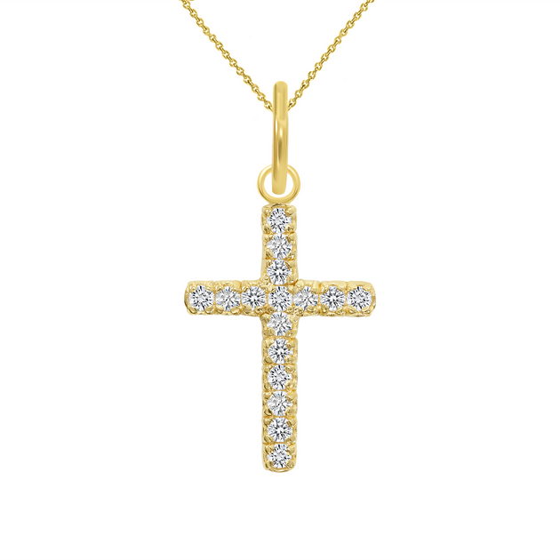 Cubic Zirconia Small Cross Pendant/Necklace In Solid Gold | Takar Jewelry